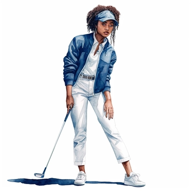 Idyllic watercolor clipart of a young modern African american female golfer in close fitting blue and white sports golf clothes standing with his putting club on the putting green, isolated on a pure white background, insane detail,
