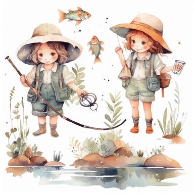 Watercolor boho fishing near a beautiful stream, illustrations clipart set, simple, soft colors, cartoon elements, different variants, cute little boy and girl fishing, separate elements with a margin
