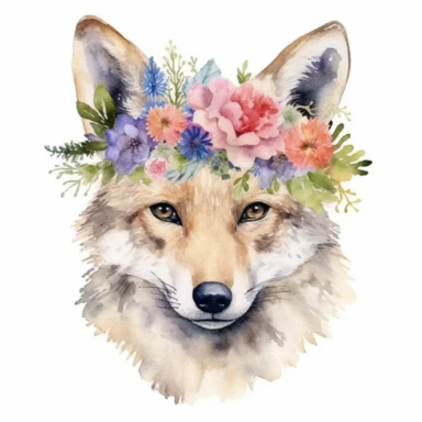watercolor jackal head with flower crown, Etsy, textured, clipart, white background
