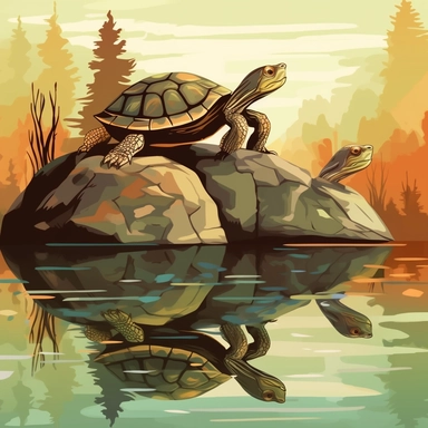 two turtles sitting on a rock, one brownish color, one green, looking into the water with their reflection staring back, reflections in the water show in scenery too clipart