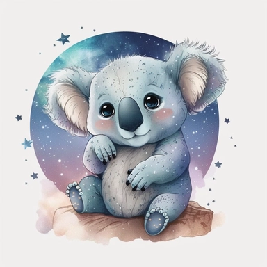 The most cutest cartoon baby koala with big open eyes, on a planet clipart, planets, watercolor, dream art, baby animals, vector art, children art, particles around the object, children cartoon, sticker art design, white background,