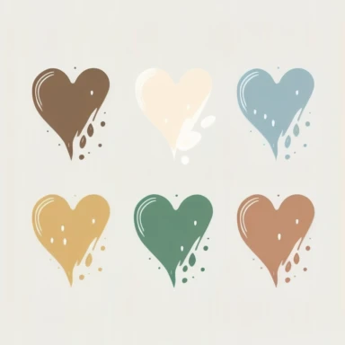 Six cute heart-shaped icons vector clipart in the style of lively brushstrokes, star art group (Xing Xing), label and marker style, minimalism, muted colors, white bakcground