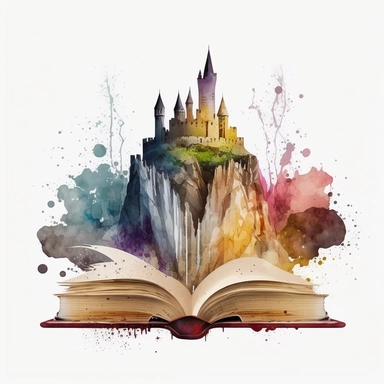Clipart, Mythical Watercolor Castle Emerging from an Open Book, no background, hd