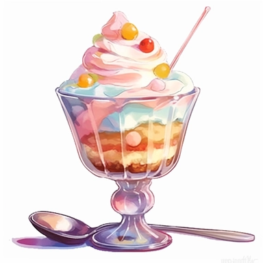 a drawing of a dessert featuring candy and whipped cream, in a glass sunday bowl, in the style of pastel toned, shiny/glossy, colorful fantasy realism, caffenol developing, warmcore, #screenshotsaturday, rubens, white background, isolated, free brushstrokes, watercolor illustration, clipart,