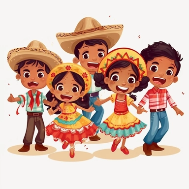 kids dancing mexican regional, cartoon style, brazilian junina party, clipart