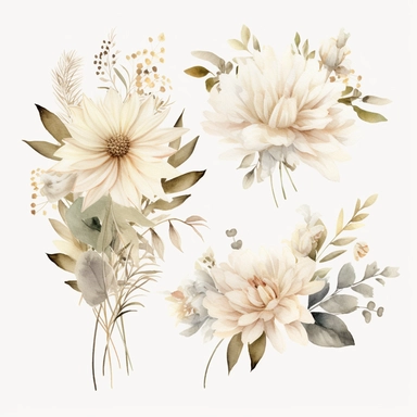 watercolor collection clipart wedding bouquet white creme beige anemones astilbs lily dahlias eucalyptus decent colors no background