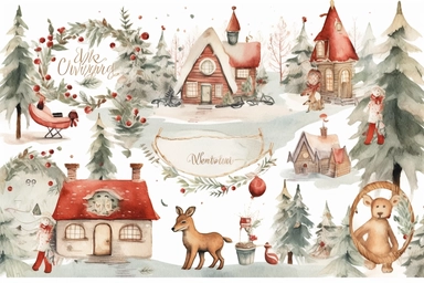 christmas in woodland clipart, drawing, image, in the style of watercolor illustrations, elaborate