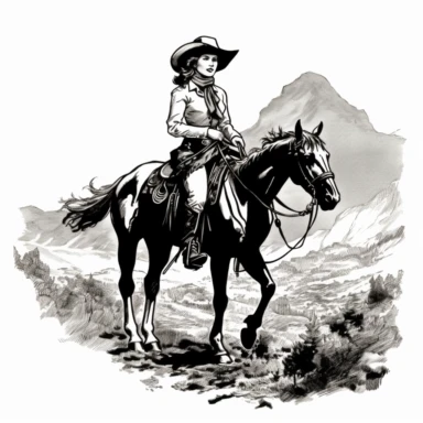 Draw a vintage cowgirl clip art illustration featuring a cowgirl wearing a wide brimmed hat in a fringed jacket, holster on her waist, and riding boots, atop a spirited horse against a backdrop of rugged mountains Style: Vintage, black outlines, Handrawn American traditional art Keywords: Cowgirl, holster , vintage, decorative elements, American traditional. Reference Artist: Let's reference the cosmic cowgirl illustrations by Rachel Urquhart