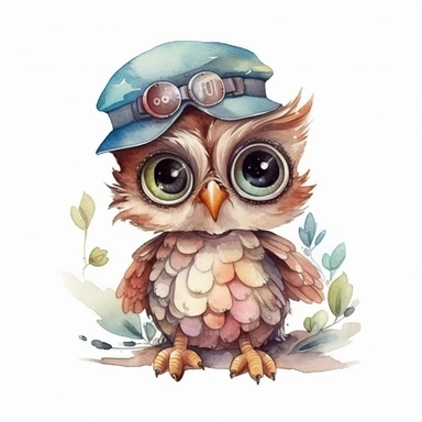 Cute oWL BABY, BEAUTIFUL big SHINING EYES ,HAPPY, dressed like doctor , Watercolor Little Animals Clipart, COLORFUL