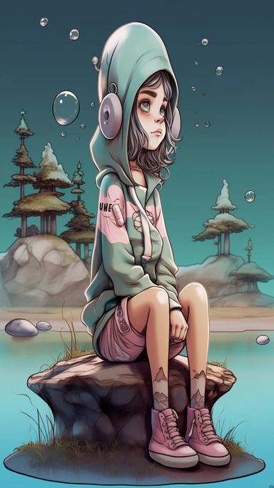 Girl sitting by a lake, in highly detailed environmental style, playful, whimsical illustrations, Martin Lack, UHD images, nostalgic paintings, neo-geography, bold ink outlines, surreal，hand drawn, watercolor, surreal, white background, white border, 16k, super detailed clipart, clipart, hand drawn, ultra high definition, girl sitting by a lake, in highly detailed environmental style, playful, whimsical illustration, Martin Lack, UHD image, nostalgic painting, neo-geo, bold ink outline, surreal