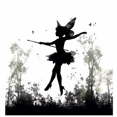 black silhouettes of cute fairy flying with magic wand in the forest, clipart with white background, watercolor style, clearly defined separate image, high quality--ar3:4-no mockups, watermarks, numbers, writing, letters--q2--v5.1--s1000