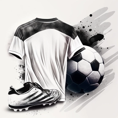 a watercolour drawing of the back of a white soccer shirt with black trimming, a black and white soccer shoes next to a black and white soccer ball lay in front, black and white, unbranded. painting, photorealistic brush strokes, geiger art, watercolor, ,