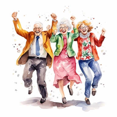 a watercolor clipart image with a white background, featuring cute sweet extremely happy three cartoon elderly people dancing