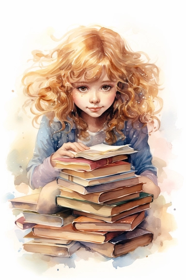 Draw lovely watercolor fantasy clipart , 10 year old girl with curly dark blonde hair and bangs reading pile of books, 32k