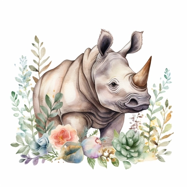 a whimsical watercolor clipart image with a white background and earthy colors, featuring a cute rhinoceros grazing peacefully in a grassy savannah, its horn adorned with colorful flowers. The ultra-detailed, hand-drawn elements capture the gentle and resilient nature of the rhinoceros. Use shades of gray, brown, and green to create a visually captivating and serene image that conveys the beauty and strength of the rhinoceros in its natural habitat.