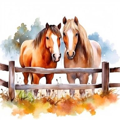 Watercolor 2 Summer Horses behind Fence clipart, hyper realistic, detailed, stylised, nature scene, hyper detailed, cozy colors