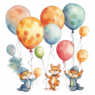 flying cat tied to a balloon clipart, balloons lined up side by side clipart , party balloons clipart, birthday party centerpiece, watercolor clipart