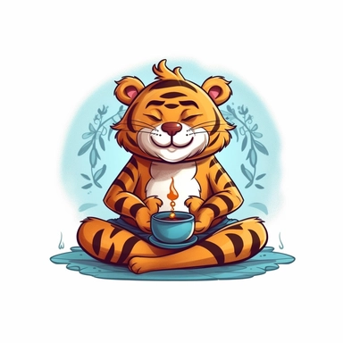 yoga happy tiger , cartoon Clipart style, white background, tea time, 8k