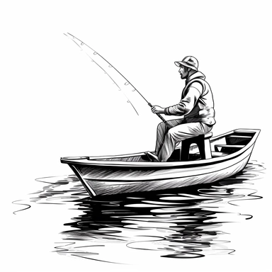 black Line man fishing on a boat, clipart, White background