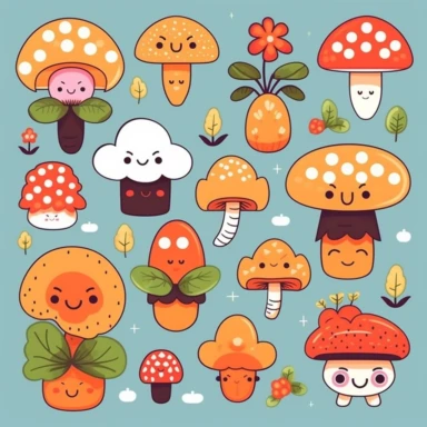 Create a Kawaii - inspired clipart set that celebrates the magic of nature. Design adorable critters like smiling mushrooms, happy clouds, and cuddly flowers. Let the elements be full of life and joy, with vibrant colors and soft, rounded shapes. Add tiny details like rosy cheeks, shiny eyes, and little bows to bring your Kawaii characters to life. Your clipart will transport viewers to a world of cuteness and wonder. Kawaii. White background, soft lighting.