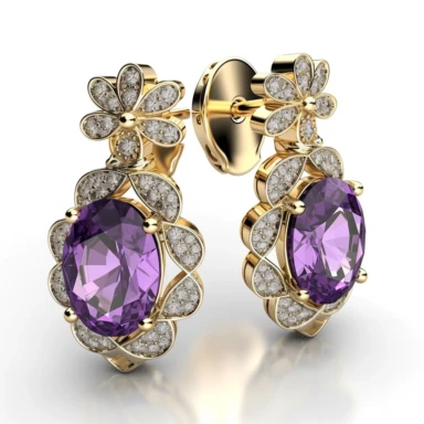 jewellery gold earrings with purple stones and diamonds digital clipart on white background