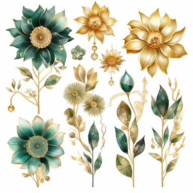 large gold and glass flowers with floral decorations, in the style of nature-inspired installations, delicate ink washes, emerald and golden, detailed miniatures, mosaics, organic texture, nature-inspired imagery, clipart set, white background