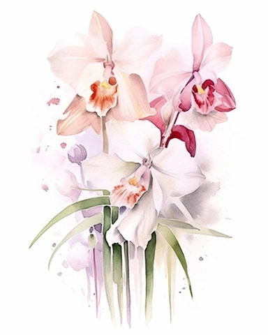 watercolor sketch of an orchid and white flower composition, Carnation pink and champagne pink, clipart, clean and simple design, realistic color scheme, high-contrast image, white background,