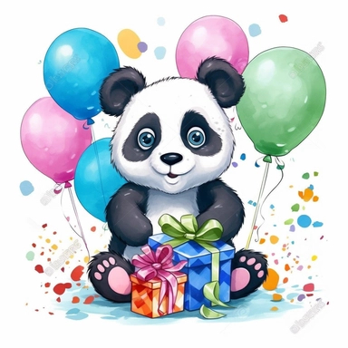 cute cartoon panda birthday illustration clipart, detailed, outline, white background, 4k, digital art, watercolor