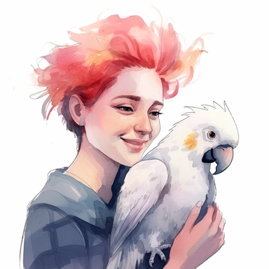 Adorable pet Cockatoo having happy moment with it's human owner, water color style, clipart, white background