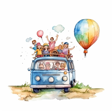 watercolor colorful clipart of a happy family road trip, hd, on white background