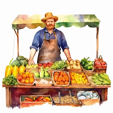 watercolor farmer at a stand selling vegetables vector | price 1 credit usd $1, in the style of colorful animation stills, bold color combinations, windows xp, elaborate fruit arrangements, folk/naïve:, smilecore, colorful cartoon Clipart desert cartoon t-shirt graphic, vector, contour, isolated on a white background