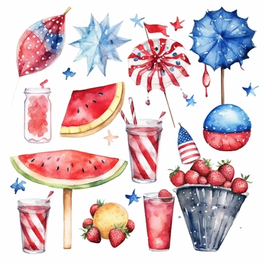 watercolor clipart set fireworks, state fair, blue ribbon, strawberry pie slice, lemonade, white background, photo realistic
