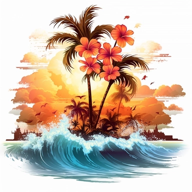 artwork majestic palm tree in digital painting style, beautiful flowers, sunrise mountains and clouds, big sea waves, water splashes, white background, colorful fantasy flower surround, highly detailed clean, vector image, photorealistic masterpiece, professional photography, realistic, flat white background, isometric, vibrant vector, clipart, illustration, realism, 4k, cinematic, front view, white background, tropical, tropical flowers, flora, beach scene, tropcial scene, tropical island scene