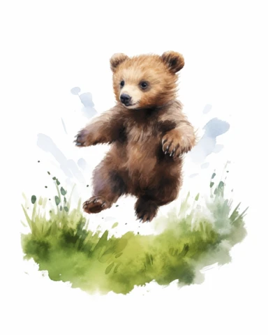 detailed watercolor Baby bear jumping on grass , realistic, isolated on a white background, clipart