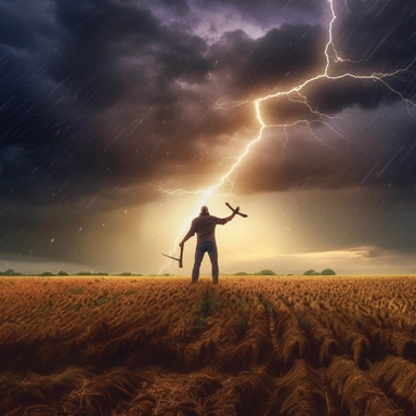 standing in a field and a hammer in his hand storm and lightening stock clip art lightning, in the style of artistic photographic collages, hyperrealistic murals, pixelated realism, imax, photo-realistic hyperbole, photography installations, 8k 3d