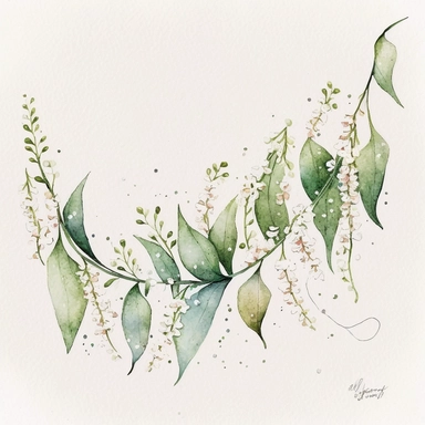 A watercolor clipart featuring delicate muguet (lily of the valley) flowers depicted on a string or garland. The flowers are depicted with intricate details, capturing the texture and delicacy of each petal and leaf. The watercolor technique used in the painting gives the image a soft, dreamy quality, with the colors blending together in a way that suggests movement and life. The garland or string design adds a whimsical and playful touch to the image, making it suitable for a variety of occasio