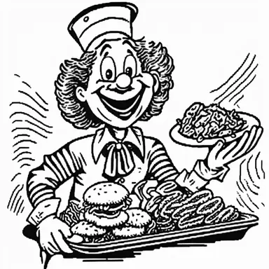 retro cartoon comic of Ronald McDonald smiling and offering a tray with a big stinky garbage burger done with worms and cockroaches, bugs on the tray, black and white vintage art clipart illustration, white background,