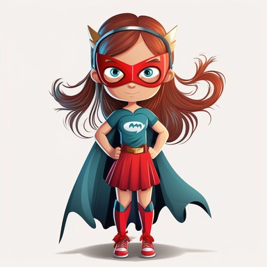 full body happy superhero little girl with black eye mask and childs dress, looking directly at the camera, in clipart style