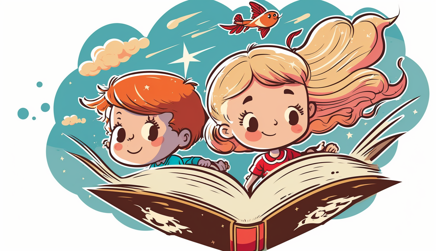 vector Illustration of Kids Riding a Magical Flying Book, book ...