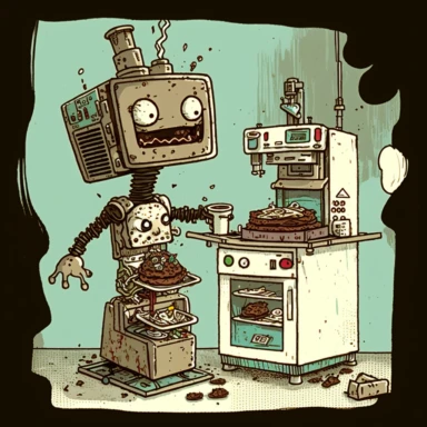 garbage pale kids format, pop surrealism digital art image of broken down, old, rusting, cartoonish, humanoid robot making a sandwich in the kitchen of a fast food restaurant. The robot is wearing tattered, McDonalds style uniform, made of human clothing. The robot is in an art style inspired by artists like Tara McPhereson, Nooligan, and Robin Eisenberg. To be used for digital clipart. Use dull, 1970's style, yellow, green, brown color scheme for the robot.