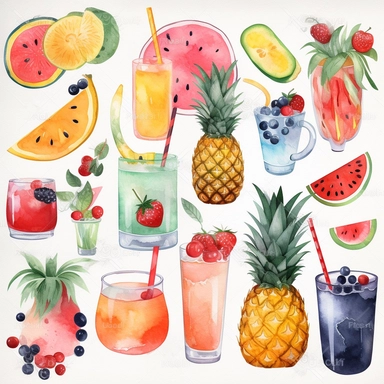 pemcil textured, a Simplified single Summer fruit and cocktail clipart, simple shapes, no lines, no outlines, clipart most popular on etsy, featured on dribble, cartoon animal clipart, minimalist, computer vector graphic design clip art, watercolor illustration clipart, watercolour clipart, watercolor illlustration for kids and children, book illustration, PNG tranparent background