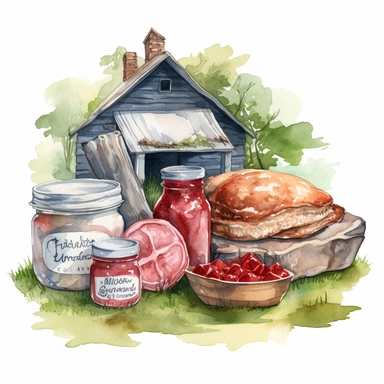 hand drawn country roadside stand in the grass,with Tennessee ham and strawberry jam, very detailed and realistic , watercolor, white background with margins, clipart style