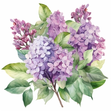 big lilac bushes with many green leaves and purple lilac flowers, lush, watercolor clipart, bright colors, isolated white background, 8k