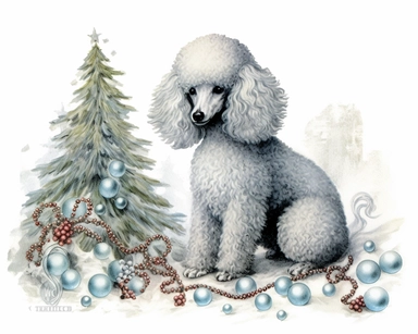 christmas poodle clipart christmas cliparts for dogs, in the style of reginald marsh, elaborate borders, dark silver and aquamarine, 1940s–1950s, lois greenfield, twisted branches, dee nickerson