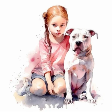 baby love pitbull ,girl with a dog, love dog, cute, Watercolor Clipart high quality, white background , cute, love , love animals