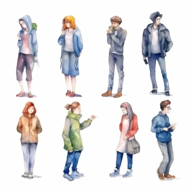 watercolor, Set of people with different mental mindset types or models: creative, imaginative, logical, and structural thinking. Mind behavior concept png Full body realistic cartoon in 32K UHD cute. 15 cm thick outline. Black color. There was no shadow on the ground. 8k with realistic watercolors and detailed illustrations. PNG clipart, transparent white background