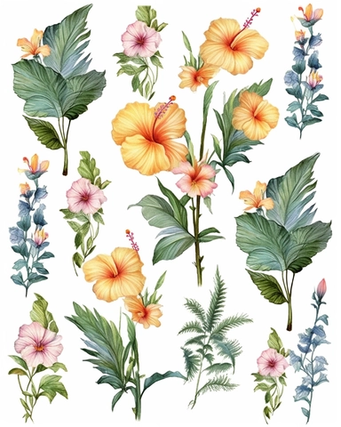 Watercolor flower, various color of hibiscus floral garden Bouquets PNG Clipart, wedding digital wildflower green leaves herbs Lisima