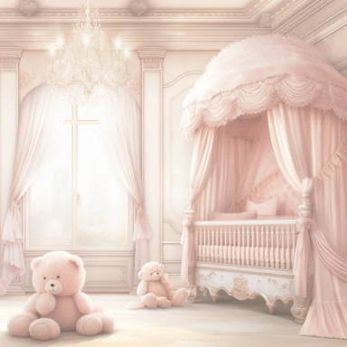 panoramic view, full view, beautiful elegant royal baby girl nursery room drawing painting, frilly, romantic, fantasy, ethereal, light pink and white colors, beautiful crib with beautiful full flowing canopy, beautiful bling crystal chandelier, soft pink teddy bear, beautiful large Victorian style window with beautiful pink flowing drapes, faux fur rug, sharp focus, high detail, 8k, illustration clipart style, transparent background