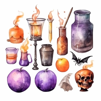 hand drawn Halloween decorations on the table, hocus locus vibes, Halloween cockies, vibrant colors, magical , spooky, very detailed and realistic, watercolor, white background with margins, clipart style