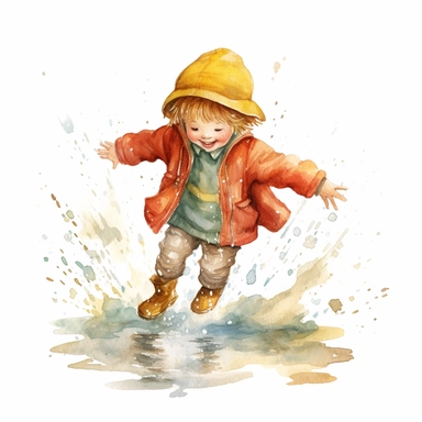 watercolor holly hobbie boy in raincoat jumping in a puddle clipart